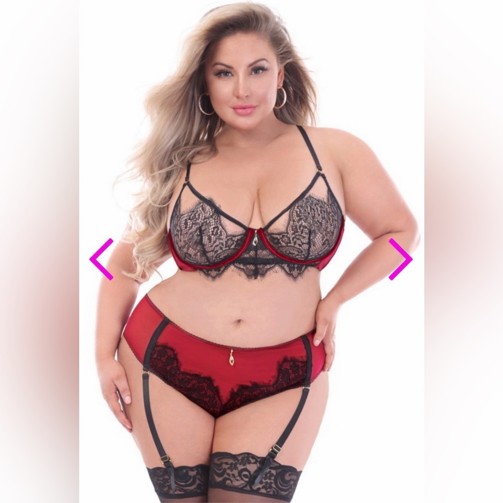 NWT Plus Size 3X/4X Red/Black Eyelash Lace Open Cup Long Line Bra/Panty Set